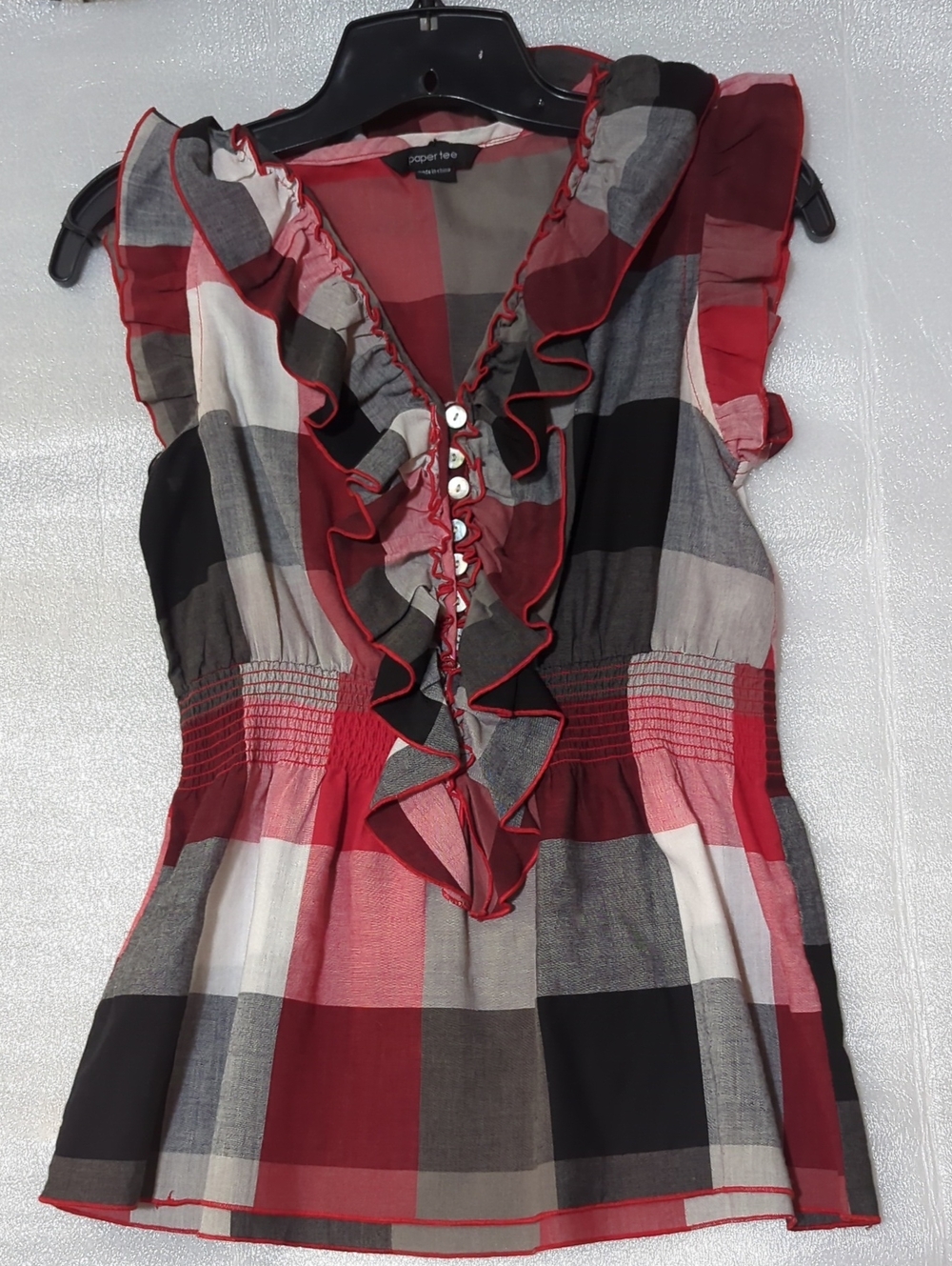 Paper Tee Red and Black Plaid Ruffle Top Women's Size Small